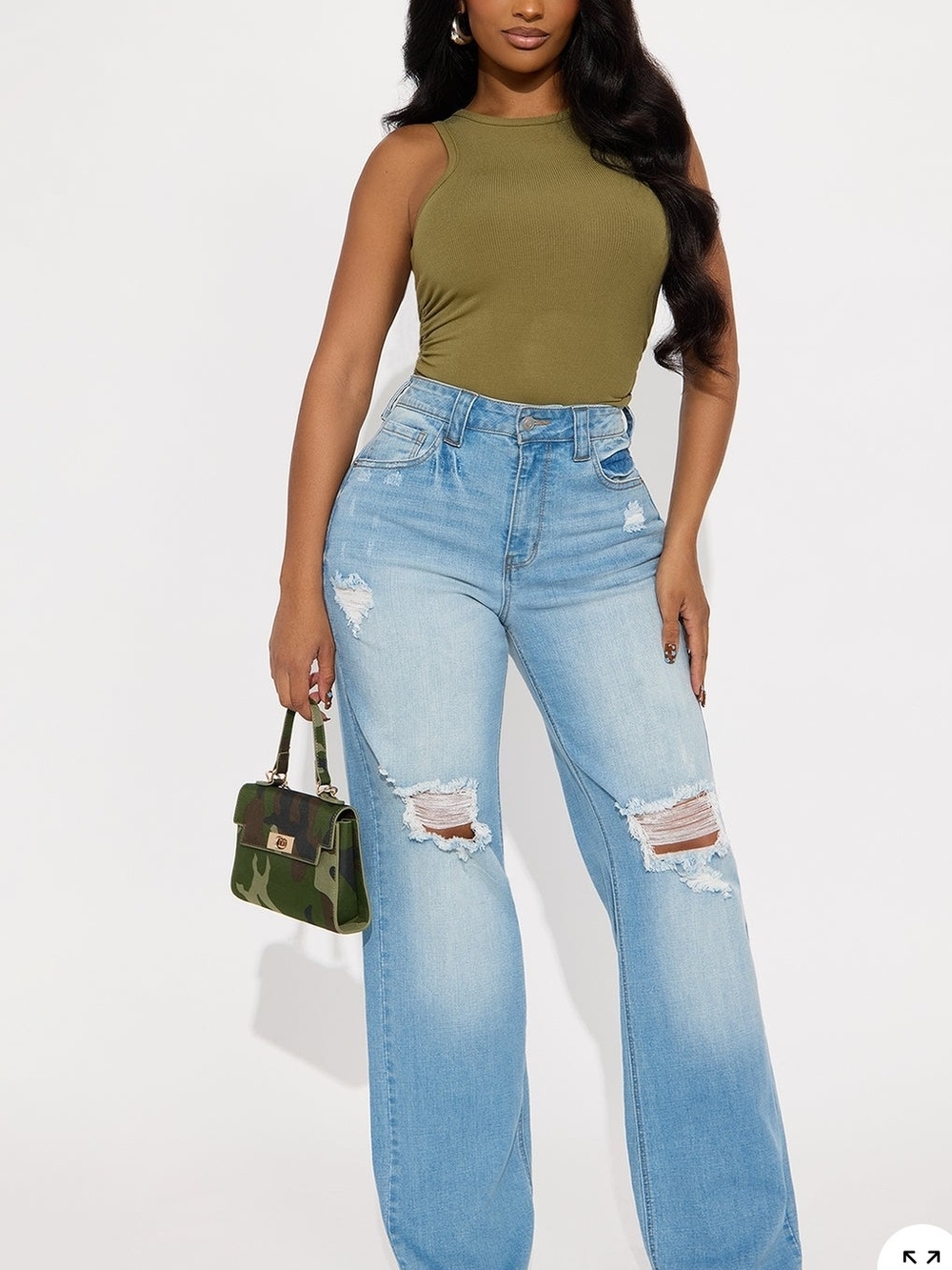 Fashion Nova Olive Tank & Light Blue Distressed Wide Leg Jeans